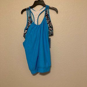 Yonique Blue Aztec Design Racer Back Padded Tankini Swim Top M